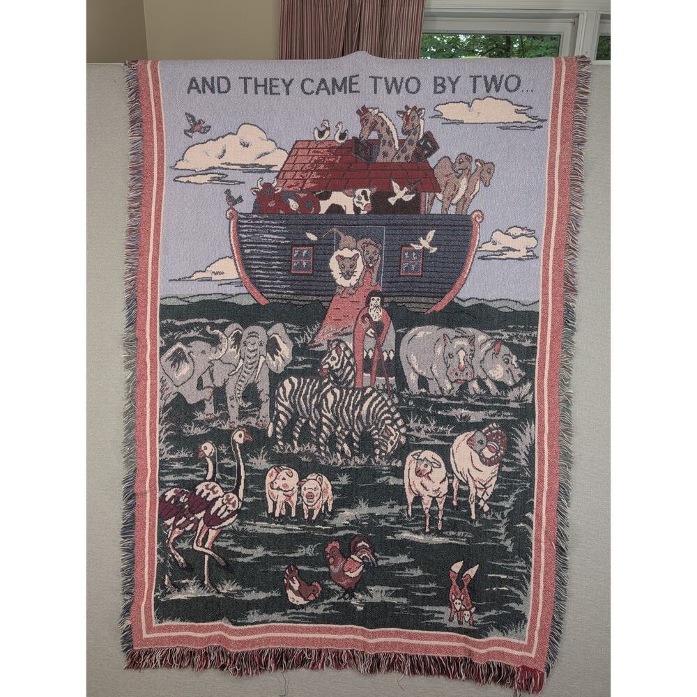 Vintage 1994 Noahs Ark Throw Blanket Nursery Tapestry Afghan Fringed Woven MWW